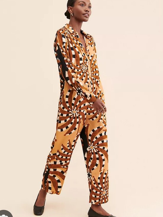 FARM Rio Pants - Farm Rio Mixed Banana Jumpsuit Medium Anthropologie Belt And Pockets Button Fron
